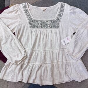Lucky Brand NWT Cream Embroidered Boho Peasant Top L Tiered Long Sleeve